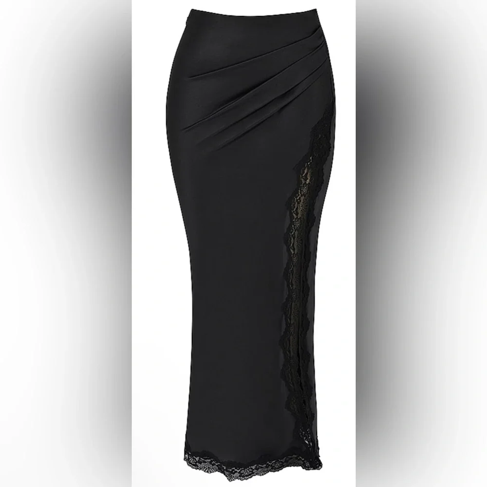 House of CB RUBY NWT Black Satin Lace Trim Midi Skirt Small - Picture 2 of 10